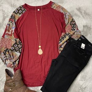 Patchwork ballon sleeves, raglan tunic top